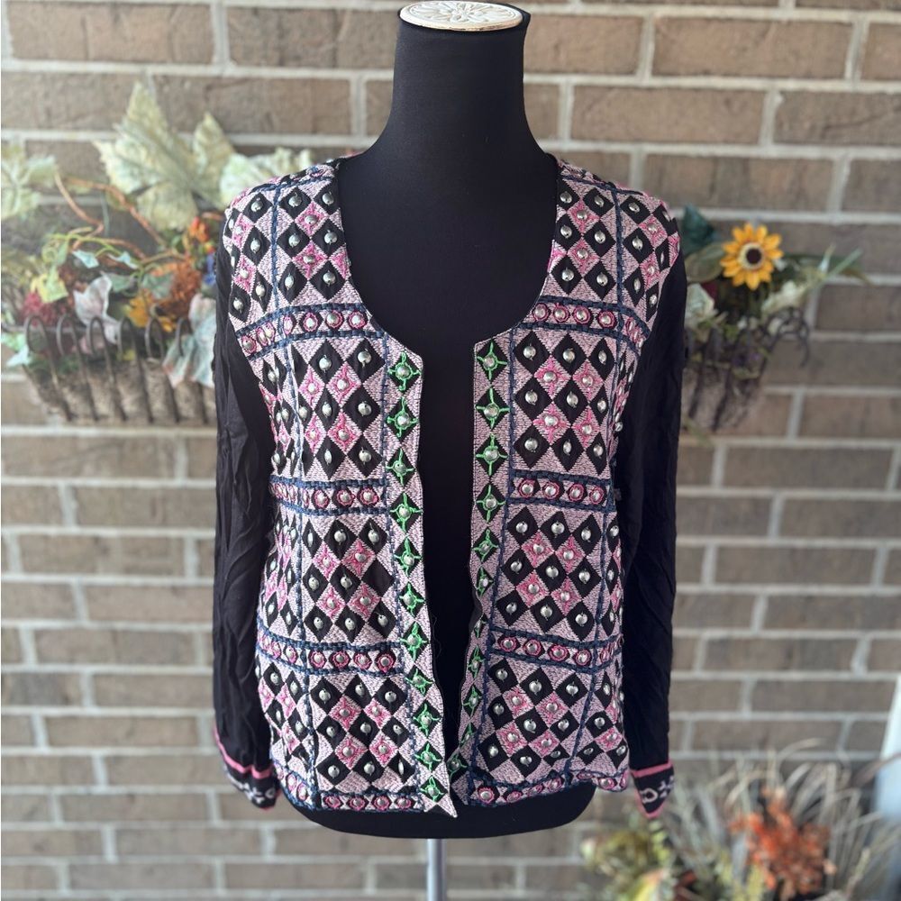 Anthropologie RAGA Pink and Black Embellished Jacket - Picture 2 of 5